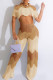 Khaki Sexy Striped Print Patchwork Asymmetrical Turndown Collar Short Sleeve Two Pieces