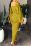 Pink Casual Solid Slit Square Collar Long Sleeve Dresses