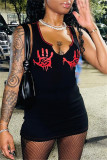 White Sexy Casual Print Basic U Neck Vest Dress