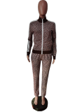 Coffee Casual Leopard Patchwork Zipper Collar Long Sleeve Two Pieces