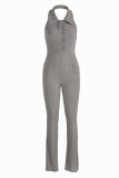 Beige Sexy Casual Solid Backless Fold Turndown Collar Skinny Jumpsuits