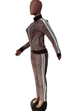 Coffee Casual Leopard Patchwork Zipper Collar Long Sleeve Two Pieces