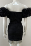 Black Sexy Formal Solid Hollowed Out Patchwork Backless Off the Shoulder Evening Dress Dresses