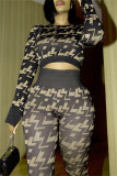 Multicolor Casual Print Patchwork O Neck Long Sleeve Two Pieces