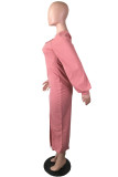 Pink Casual Solid Slit Square Collar Long Sleeve Dresses