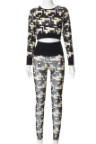 Multicolor Casual Print Patchwork O Neck Long Sleeve Two Pieces