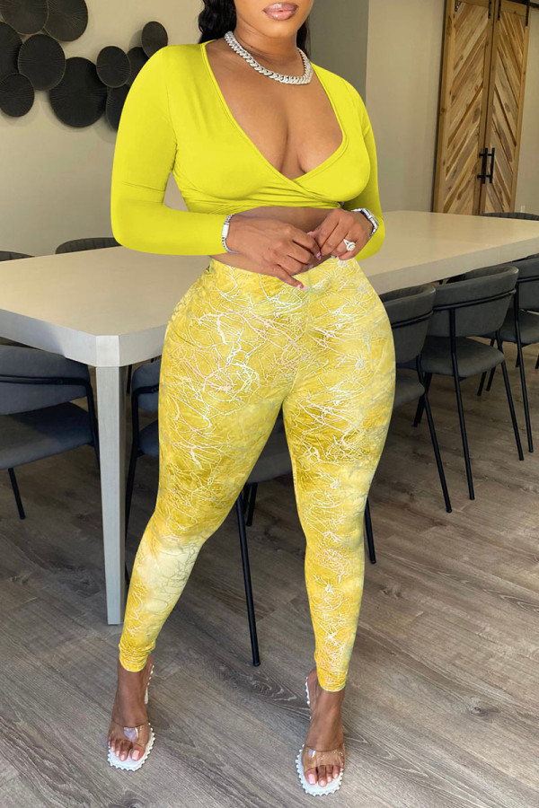 Yellow Sexy Print Patchwork V Neck Long Sleeve Two Pieces