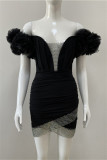 Black Sexy Formal Solid Hollowed Out Patchwork Backless Off the Shoulder Evening Dress Dresses