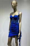 Blue Sexy Solid Patchwork Backless Fold Spaghetti Strap Sleeveless Dress Dresses