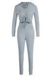 Grey Casual Sportswear Solid Draw String Frenulum Hooded Collar Long Sleeve Two Pieces