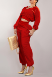 Red Casual Solid Patchwork V Neck Long Sleeve Two Pieces