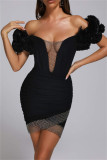 Black Sexy Formal Solid Hollowed Out Patchwork Backless Off the Shoulder Evening Dress Dresses