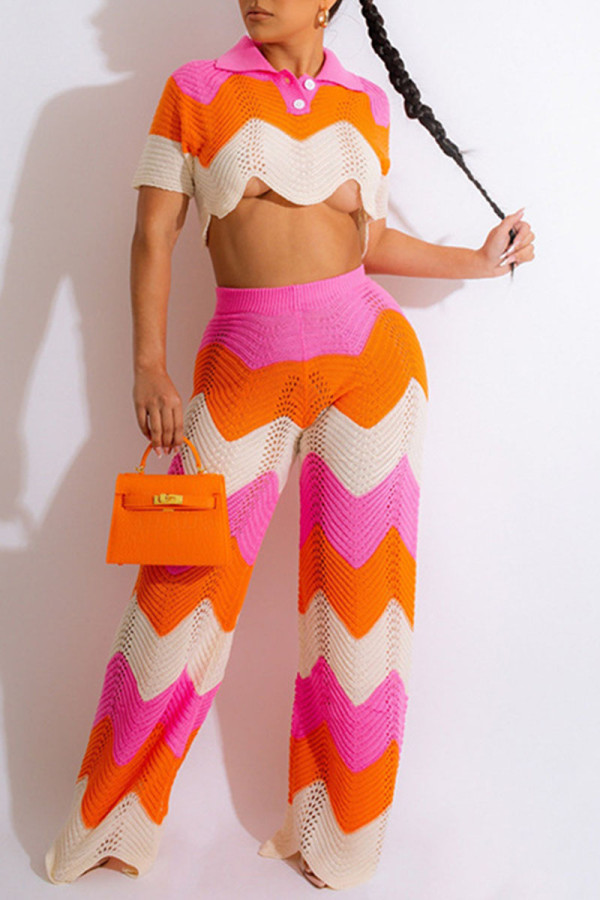 Orange Sexy Striped Print Patchwork Asymmetrical Turndown Collar Short Sleeve Two Pieces