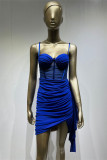 Blue Sexy Solid Patchwork Backless Fold Spaghetti Strap Sleeveless Dress Dresses