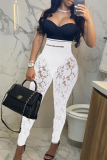 White Sexy Solid Lace Skinny High Waist Pencil Full Print Bottoms