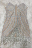 Khaki Sexy Formal Patchwork Hot Drilling Tassel Backless Strapless Evening Dress Dresses