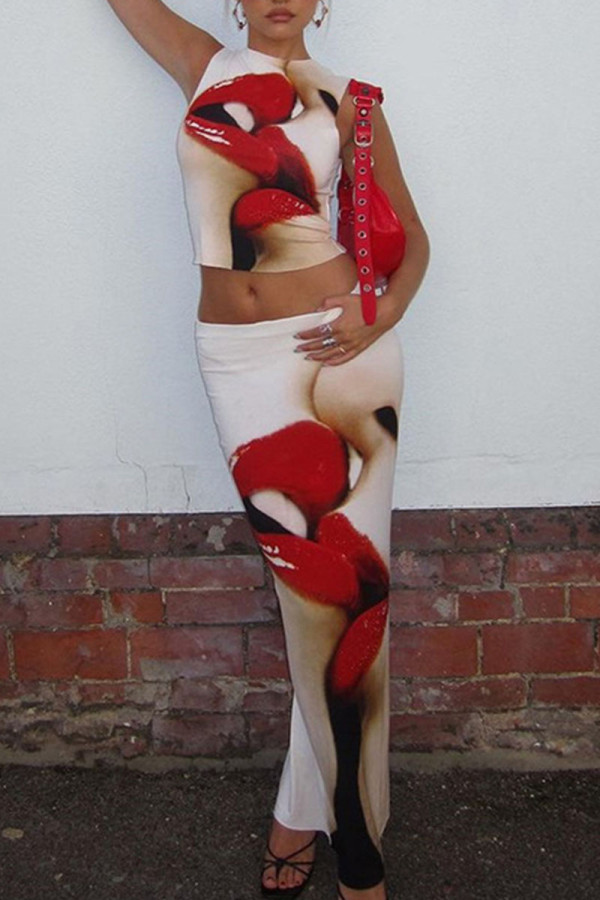 Red Sexy Street Print Patchwork O Neck Sleeveless Two Pieces