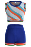 Blue Sexy Print Patchwork O Neck Sleeveless Two Pieces