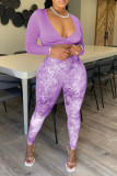 Pink Sexy Print Patchwork V Neck Long Sleeve Two Pieces
