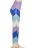 Blue Sexy Striped Print Patchwork Asymmetrical Turndown Collar Short Sleeve Two Pieces