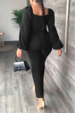 Pink Casual Solid Slit Square Collar Long Sleeve Dresses