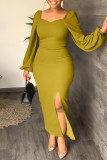 Pink Casual Solid Slit Square Collar Long Sleeve Dresses