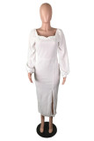 Pink Casual Solid Slit Square Collar Long Sleeve Dresses
