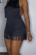 Black Sexy Solid Tassel Halter Regular Bodysuits