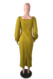 Pink Casual Solid Slit Square Collar Long Sleeve Dresses