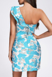Black Sexy Formal Print Patchwork Backless Slit One Shoulder Evening Dress