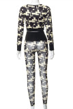 Multicolor Casual Print Patchwork O Neck Long Sleeve Two Pieces