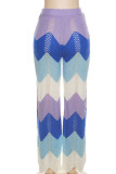 Blue Sexy Striped Print Patchwork Asymmetrical Turndown Collar Short Sleeve Two Pieces
