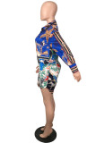 Multicolor Casual Print Fold Turndown Collar Long Sleeve Dresses