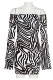 Black Sexy Print Patchwork Backless O Neck Pencil Skirt Dresses