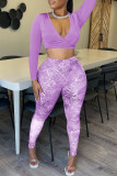 Pink Sexy Print Patchwork V Neck Long Sleeve Two Pieces