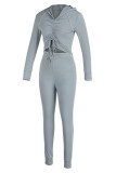 Grey Casual Sportswear Solid Draw String Frenulum Hooded Collar Long Sleeve Two Pieces
