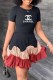 Black Casual Print Patchwork Letter O Neck Pleated Dresses