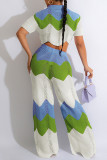 Blue Sexy Striped Print Patchwork Asymmetrical Turndown Collar Short Sleeve Two Pieces