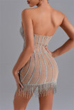 Khaki Sexy Formal Patchwork Hot Drilling Tassel Backless Strapless Evening Dress Dresses