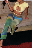 Blue Sexy Print Patchwork High Waist Pencil Full Print Bottoms