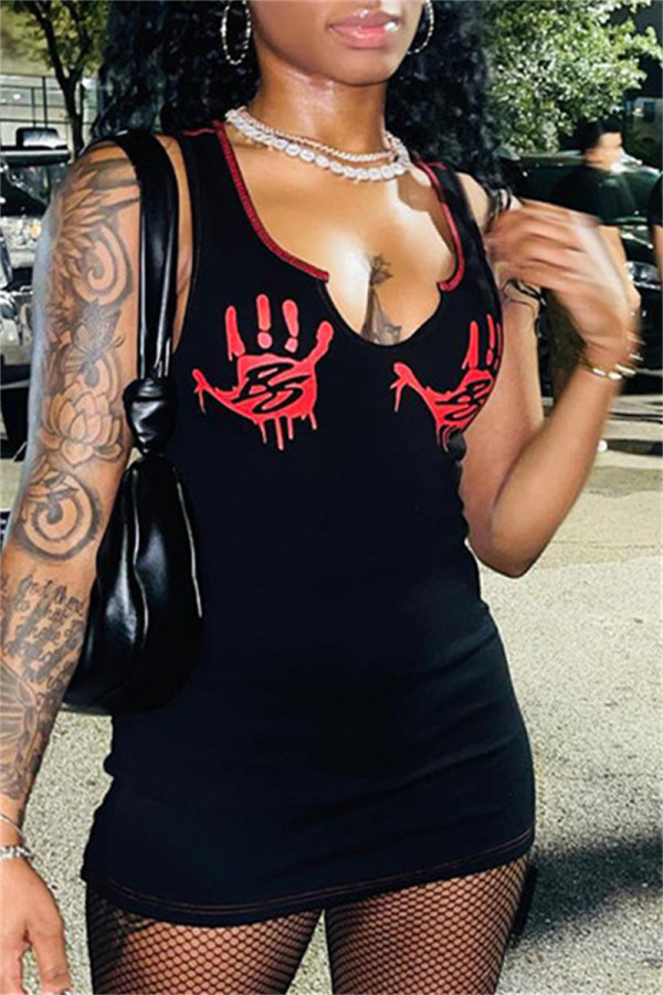 Black Sexy Casual Print Basic U Neck Vest Dress