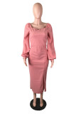 Pink Casual Solid Slit Square Collar Long Sleeve Dresses