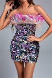 Colour Sexy Patchwork Sequins Backless Strapless One Step Skirt Dresses