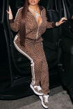 Coffee Casual Leopard Patchwork Zipper Collar Long Sleeve Two Pieces