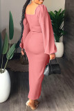 Pink Casual Solid Slit Square Collar Long Sleeve Dresses