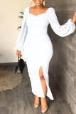 Pink Casual Solid Slit Square Collar Long Sleeve Dresses