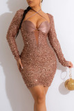 Light Brown Sexy Solid Sequins Patchwork Halter Pencil Skirt Dresses