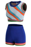 Blue Sexy Print Patchwork O Neck Sleeveless Two Pieces