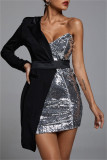 Silver Sexy Formal Patchwork Backless V Neck Evening Dress Dresses