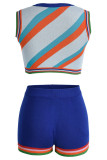 Blue Sexy Print Patchwork O Neck Sleeveless Two Pieces
